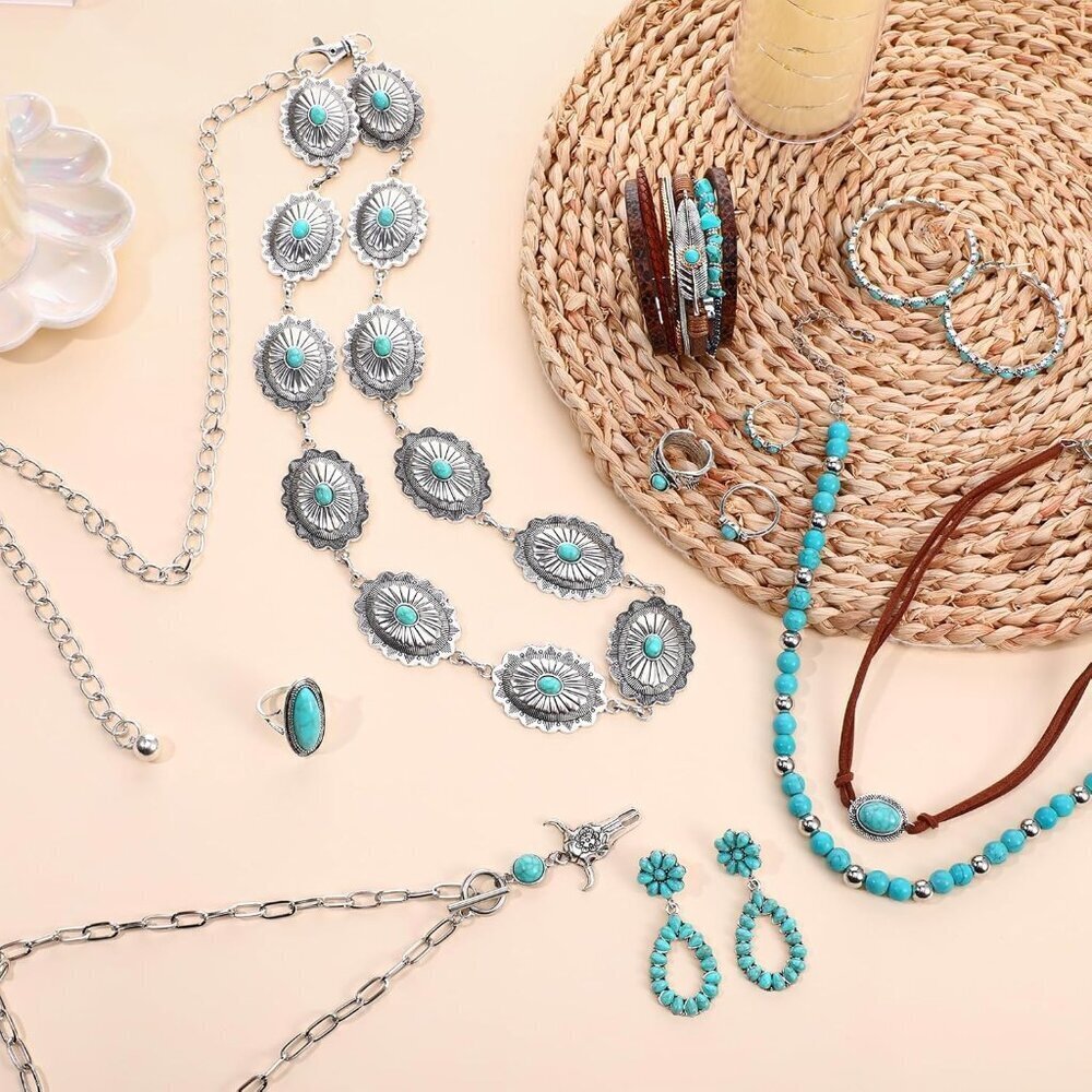 Jewelry Set Women Turquoise Faux Leather Dangle Earrings Necklace Belt - Picture 6 of 7